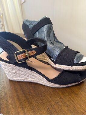 Lucky Brand Mindra Black Canvas Espadrille Wedge Sandals Sz 7